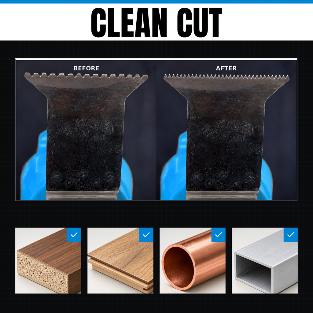 Before and after: a worn multitool blade resharpened with the SharpTool 2.0 Clean Cut fine CBN grinding head, dull teeth restored to a sharp, clean cutting edge