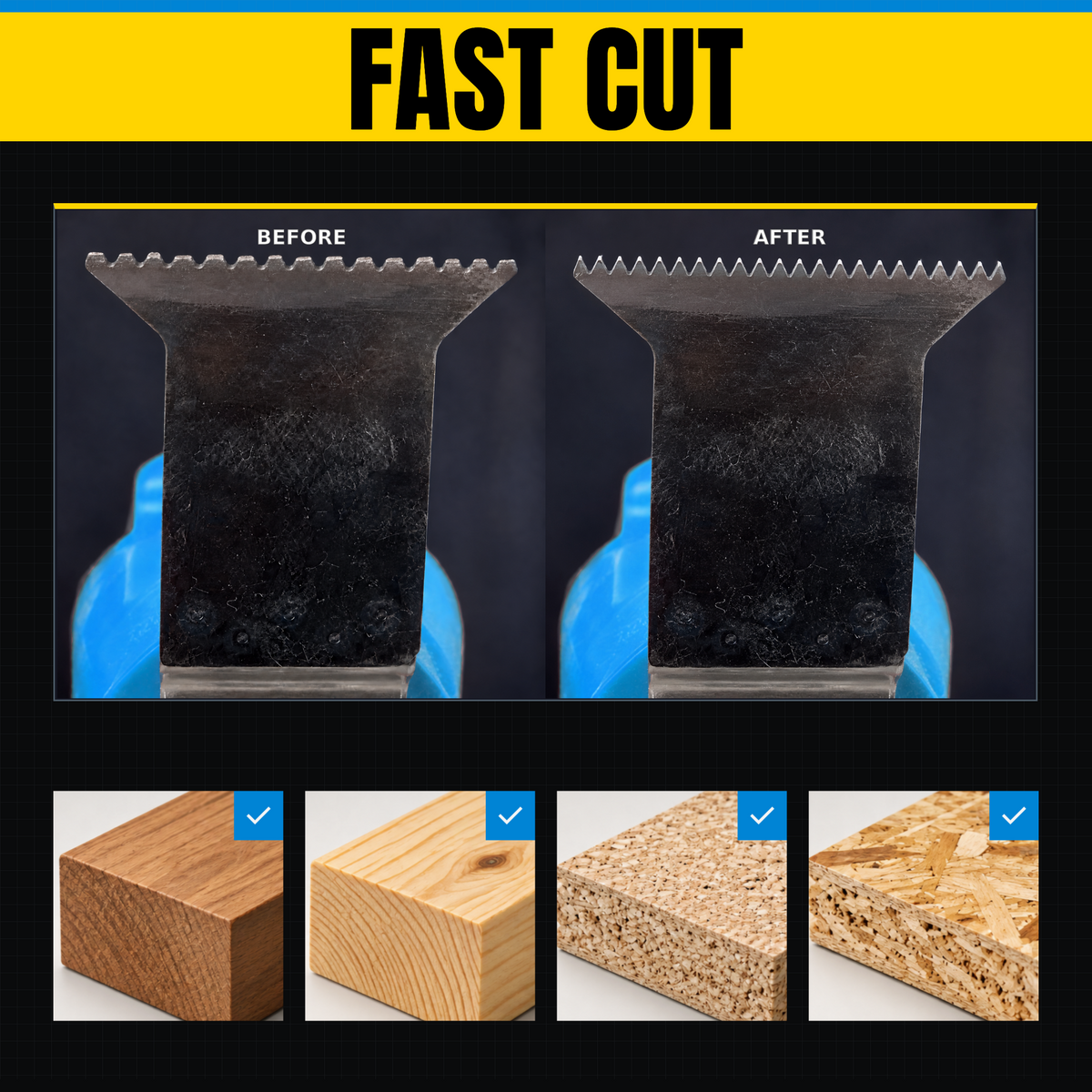 Before and after: a worn multitool blade resharpened with the SharpTool 2.0 Fast Cut coarse CBN grinding head, dull teeth restored to sharp cutting edges