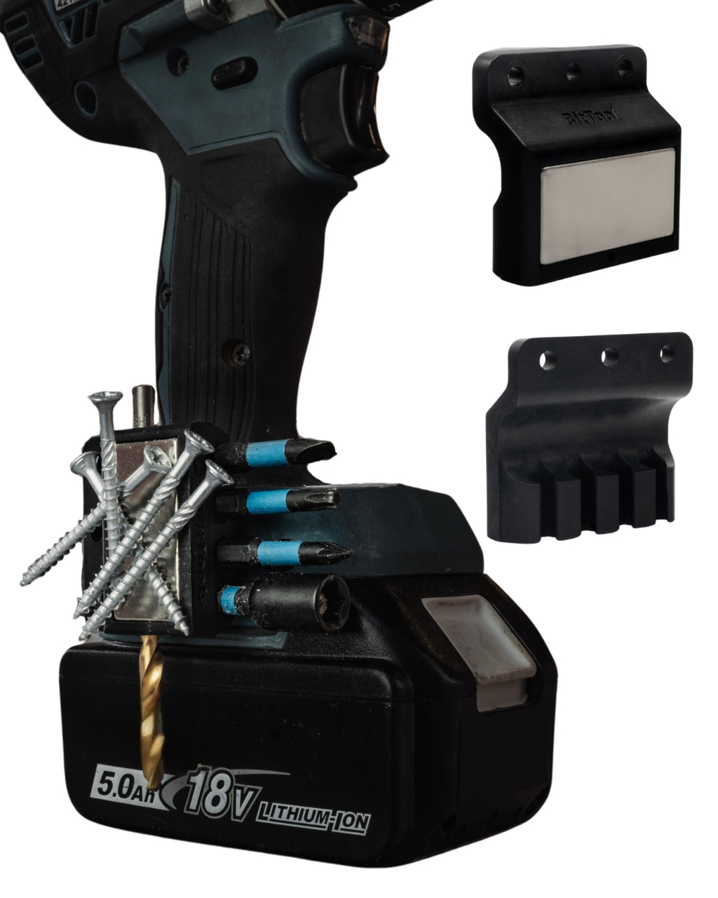 Magnetic bit holder for cordless drill with screws and bits attached – SharpTools BitTool mounted on power drill